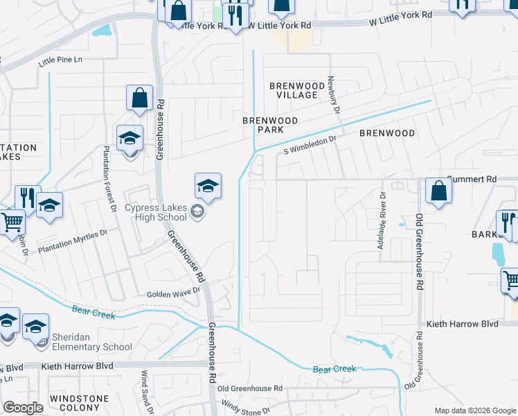 map of restaurants, bars, coffee shops, grocery stores, and more near 5754 Long Arbor Lane in Katy