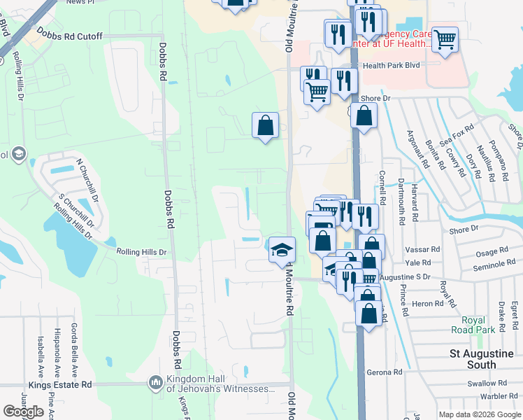 map of restaurants, bars, coffee shops, grocery stores, and more near 200 North Hidden Tree Drive in St. Augustine