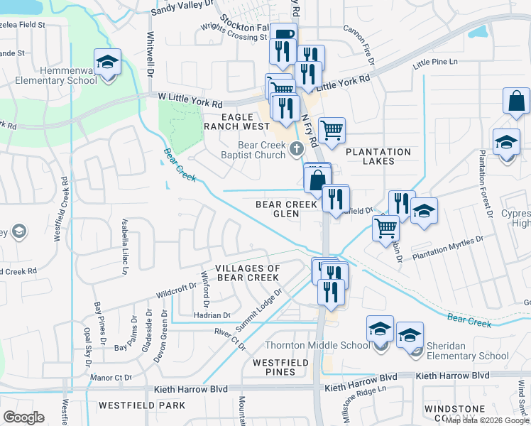 map of restaurants, bars, coffee shops, grocery stores, and more near 5803 Meadowivy Lane in Katy