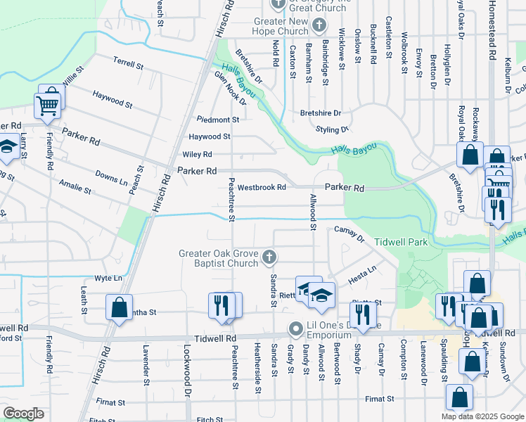 map of restaurants, bars, coffee shops, grocery stores, and more near 5522 Pate Road in Houston