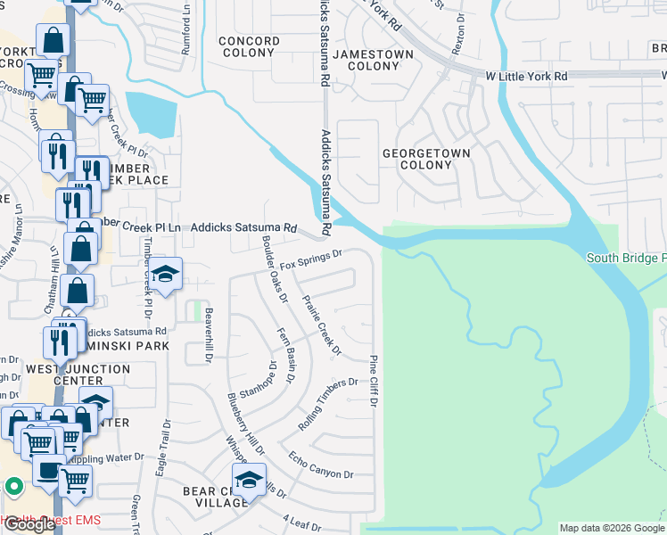 map of restaurants, bars, coffee shops, grocery stores, and more near 15647 Pagehurst Drive in Houston