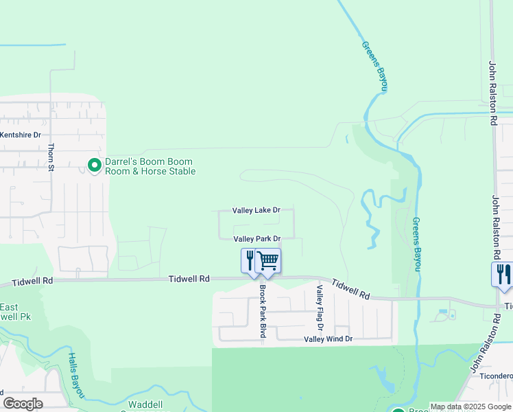 map of restaurants, bars, coffee shops, grocery stores, and more near 10003 Valley Lake Drive in Houston