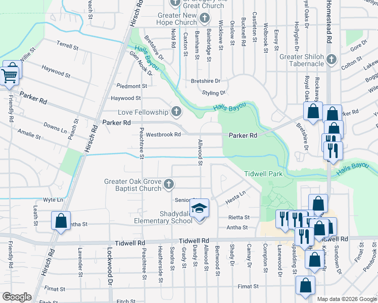 map of restaurants, bars, coffee shops, grocery stores, and more near 5713 Breland Street in Houston