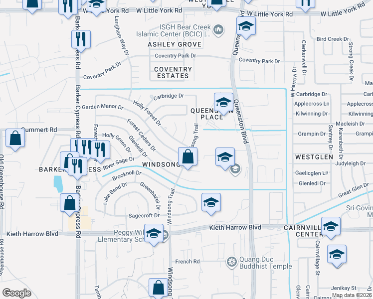 map of restaurants, bars, coffee shops, grocery stores, and more near 18015 Garden Manor Drive in Houston