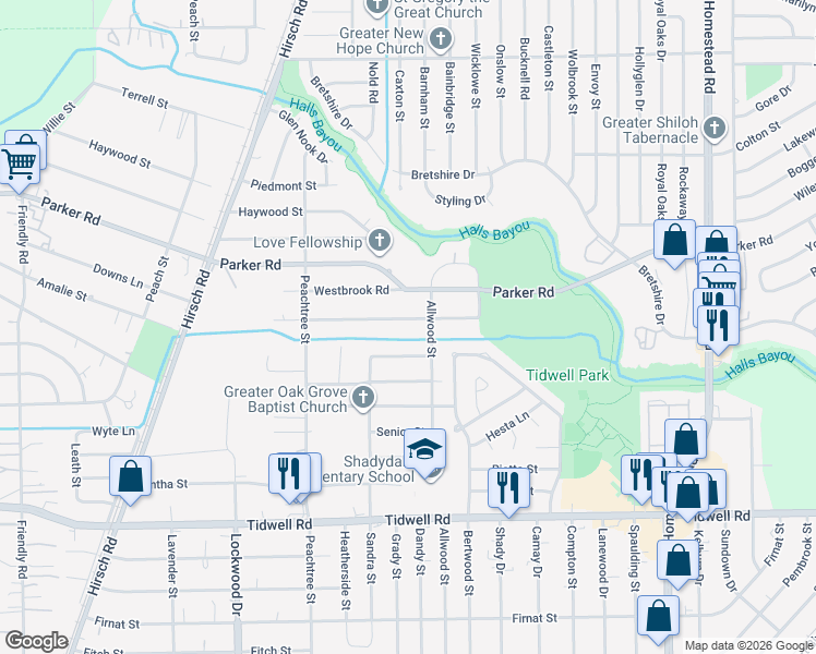 map of restaurants, bars, coffee shops, grocery stores, and more near 5713 Breland Street in Houston