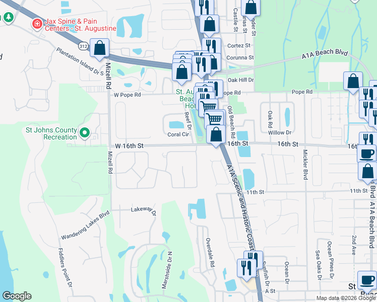 map of restaurants, bars, coffee shops, grocery stores, and more near 601 Nautical Way in St. Augustine