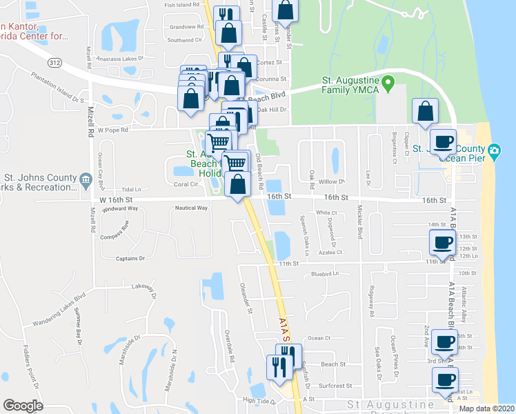 map of restaurants, bars, coffee shops, grocery stores, and more near 2200 A1A South in Saint Augustine Beach