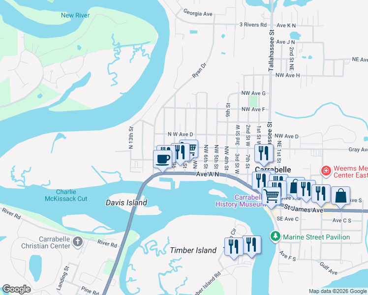 map of restaurants, bars, coffee shops, grocery stores, and more near 306 8th Street West in Carrabelle