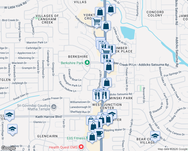 map of restaurants, bars, coffee shops, grocery stores, and more near 15726 Sandisfield Lane in Houston