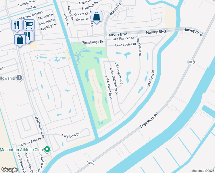 map of restaurants, bars, coffee shops, grocery stores, and more near 3708 Lake Aspen Drive West in Gretna