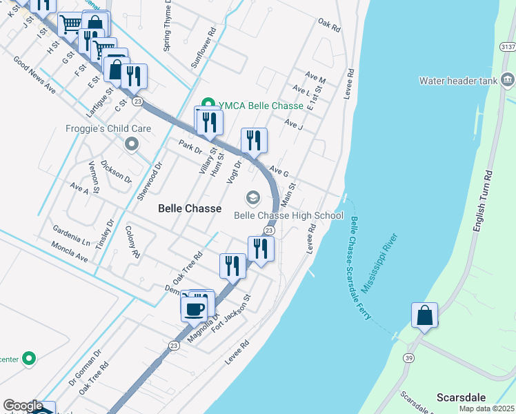 map of restaurants, bars, coffee shops, grocery stores, and more near 8346 Highway 23 in Belle Chasse
