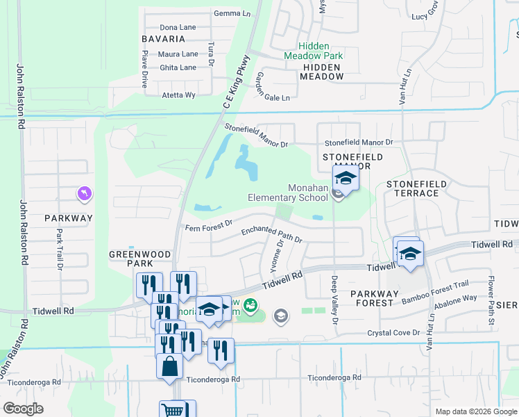 map of restaurants, bars, coffee shops, grocery stores, and more near 12610 Fern Forest Drive in Houston