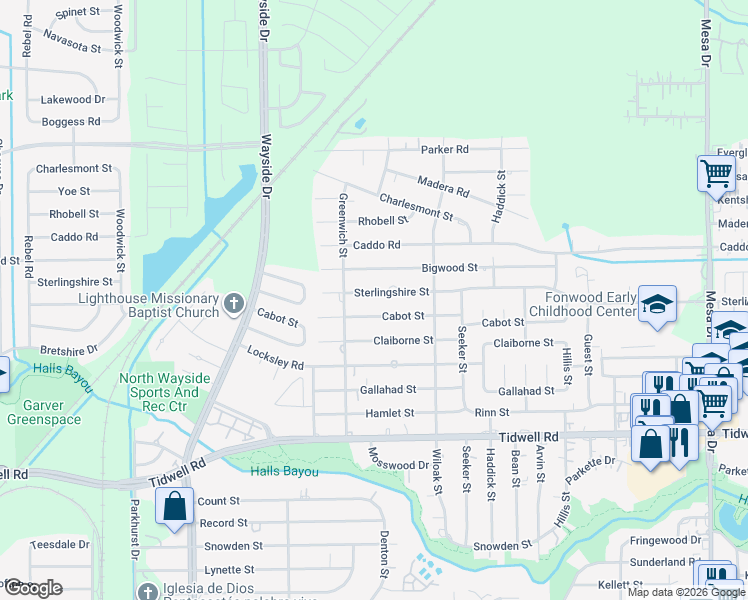 map of restaurants, bars, coffee shops, grocery stores, and more near 8122 Cabot Street in Houston