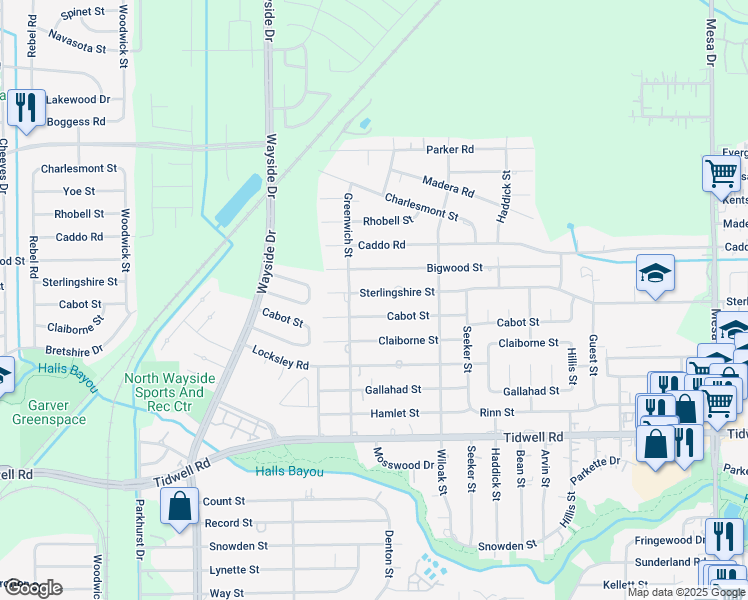 map of restaurants, bars, coffee shops, grocery stores, and more near 8122 Cabot Street in Houston