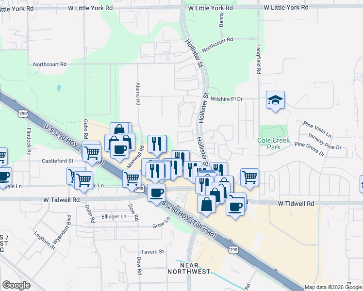 map of restaurants, bars, coffee shops, grocery stores, and more near 5801 Hollister Street in Houston