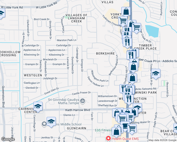 map of restaurants, bars, coffee shops, grocery stores, and more near 16211 Saxon Hollow Lane in Houston