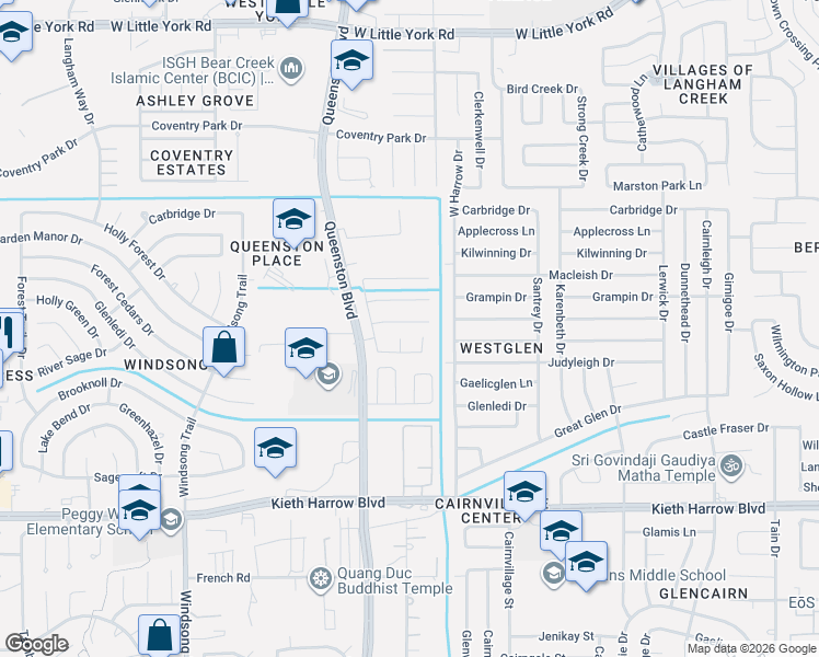 map of restaurants, bars, coffee shops, grocery stores, and more near 17302 Misty Cross Drive in Houston
