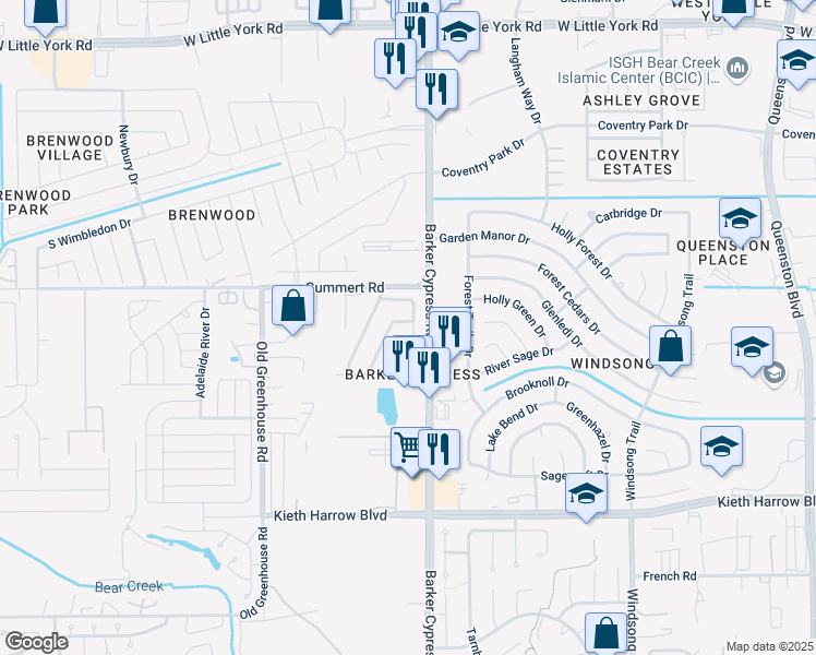 map of restaurants, bars, coffee shops, grocery stores, and more near 5614 Calm Court in Houston