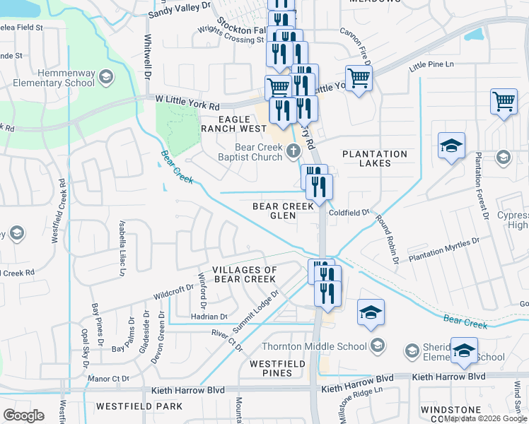 map of restaurants, bars, coffee shops, grocery stores, and more near 5803 Meadowivy Lane in Katy