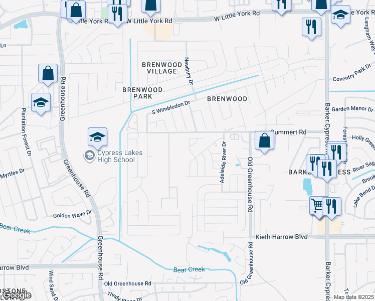 map of restaurants, bars, coffee shops, grocery stores, and more near 5827 Esk River Trail in Katy