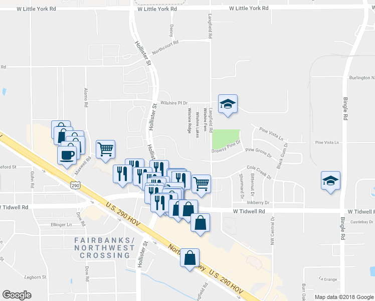 map of restaurants, bars, coffee shops, grocery stores, and more near 6303 Wilshire Ridge in Houston