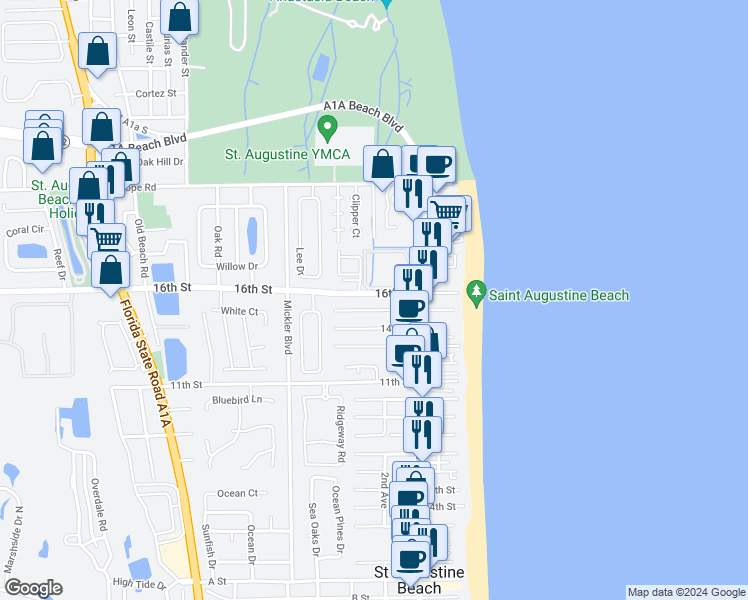 map of restaurants, bars, coffee shops, grocery stores, and more near 119 16th Street in St. Augustine
