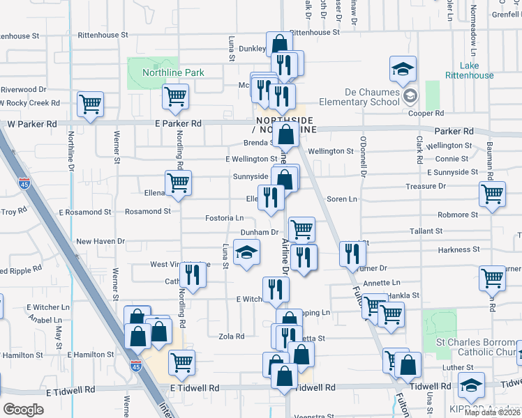 map of restaurants, bars, coffee shops, grocery stores, and more near 908 Ellena Road in Houston