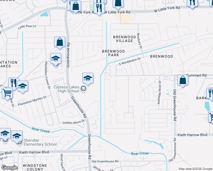 map of restaurants, bars, coffee shops, grocery stores, and more near 5754 Long Arbor Lane in Katy