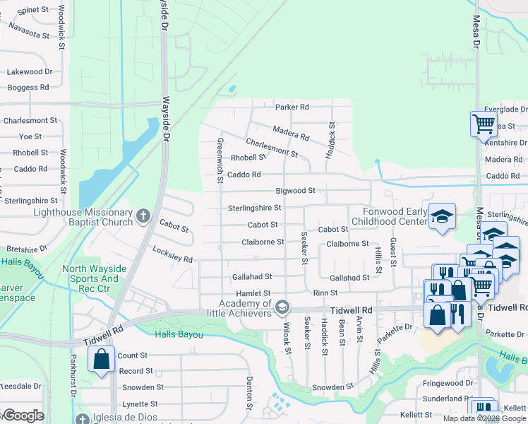 map of restaurants, bars, coffee shops, grocery stores, and more near 8217 Cabot Street in Houston