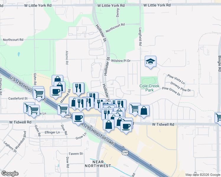 map of restaurants, bars, coffee shops, grocery stores, and more near 7427 Hollister Spring in Houston