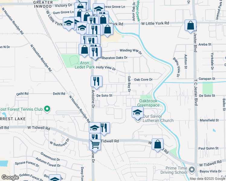 map of restaurants, bars, coffee shops, grocery stores, and more near 5500 De Soto Street in Houston