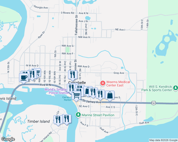 map of restaurants, bars, coffee shops, grocery stores, and more near 311 NE Avenue C in Carrabelle