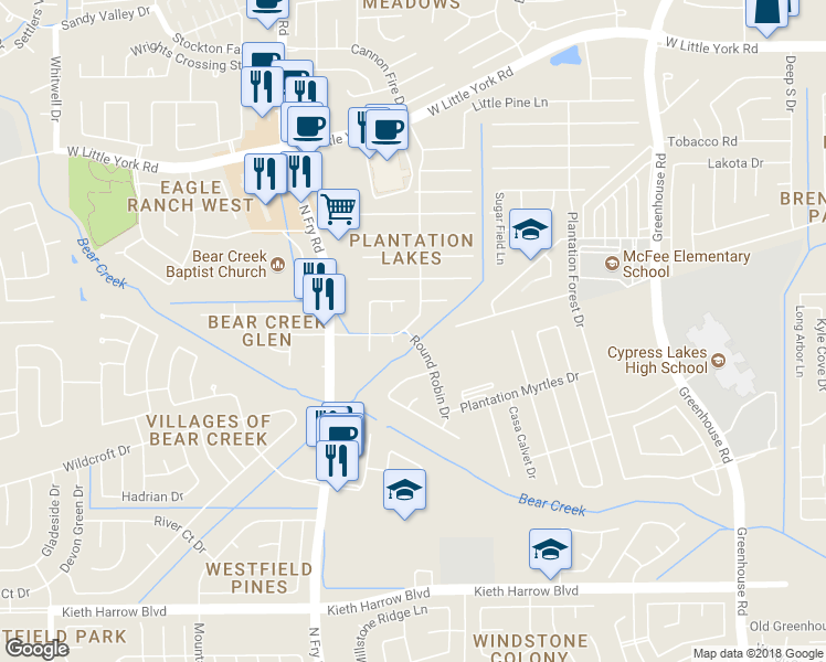 map of restaurants, bars, coffee shops, grocery stores, and more near 5802 Plantation Crest Drive in Katy