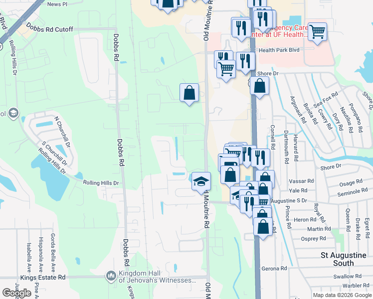 map of restaurants, bars, coffee shops, grocery stores, and more near 200 North Hidden Tree Drive in St. Augustine