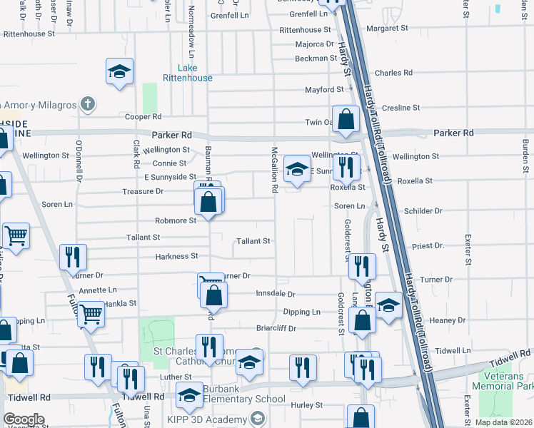 map of restaurants, bars, coffee shops, grocery stores, and more near 610 Robmore Street in Houston