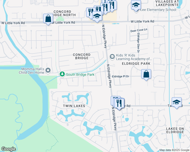 map of restaurants, bars, coffee shops, grocery stores, and more near 13322 Misty Mill Drive in Houston