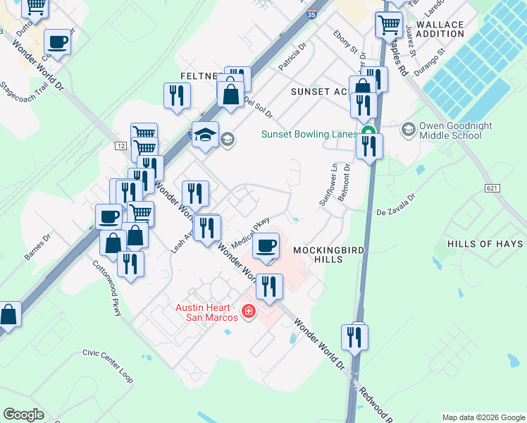 map of restaurants, bars, coffee shops, grocery stores, and more near 1881 Medical Parkway in San Marcos