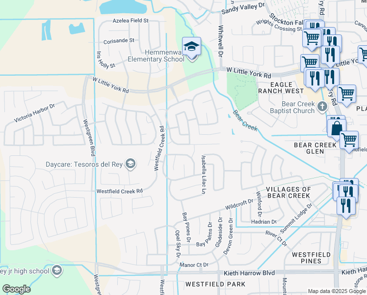 map of restaurants, bars, coffee shops, grocery stores, and more near 5234 Corbridge Glen Court in Katy