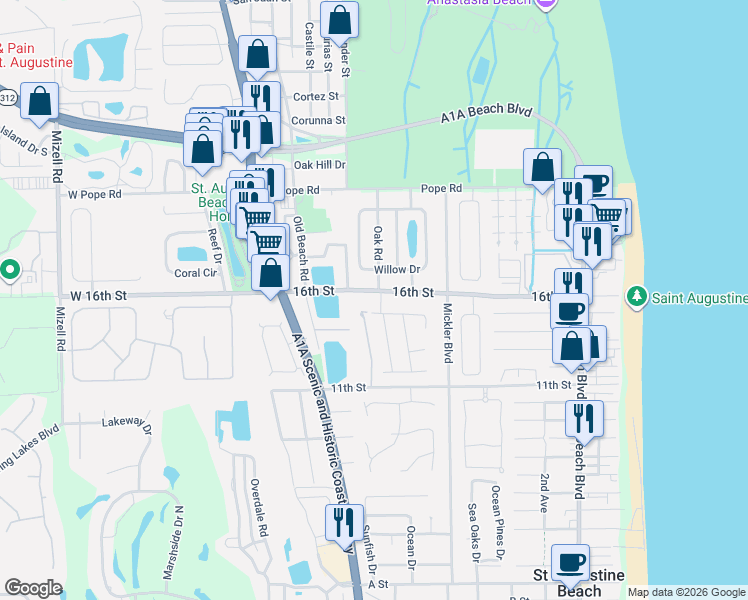 map of restaurants, bars, coffee shops, grocery stores, and more near 202 Woodland Avenue in St. Augustine