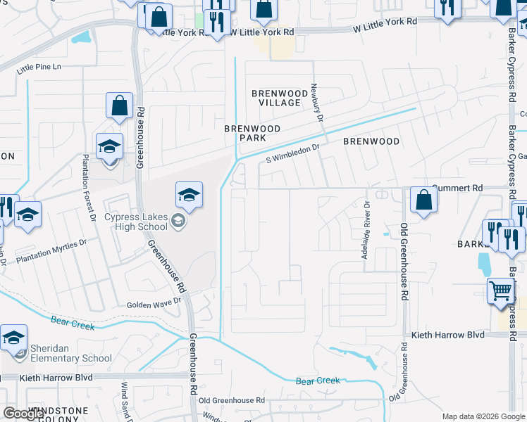 map of restaurants, bars, coffee shops, grocery stores, and more near 5746 South Brenwood Drive in Katy