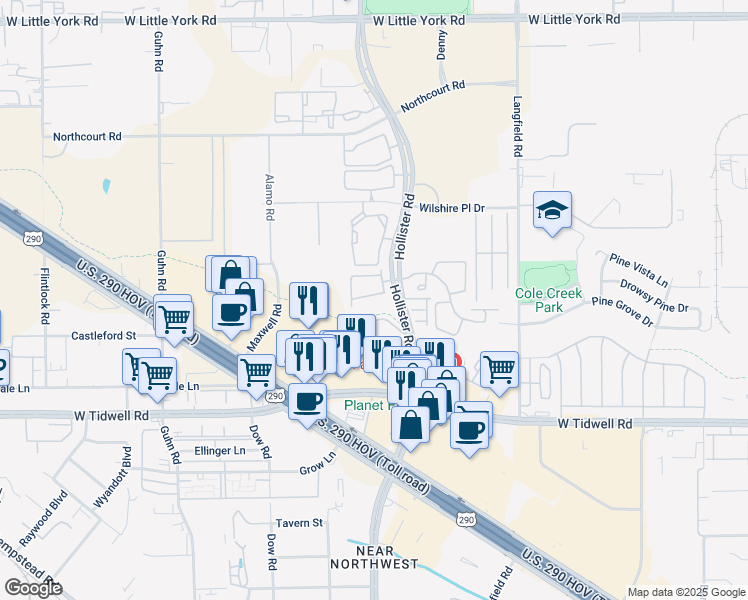 map of restaurants, bars, coffee shops, grocery stores, and more near 5801 Hollister Street in Houston