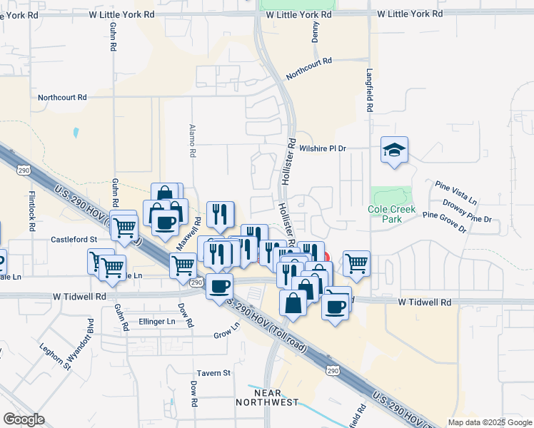 map of restaurants, bars, coffee shops, grocery stores, and more near 5801 Hollister Street in Houston