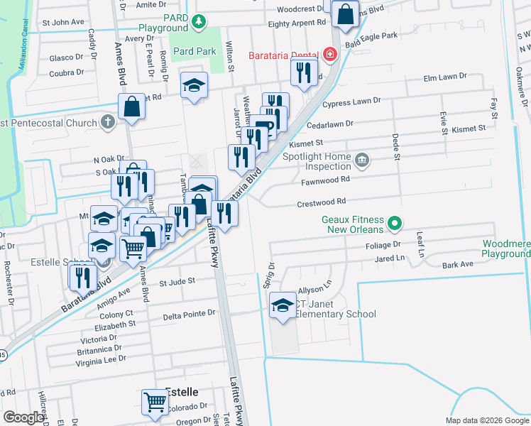 map of restaurants, bars, coffee shops, grocery stores, and more near 2541 Deutsch Road in Marrero
