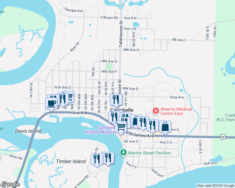 map of restaurants, bars, coffee shops, grocery stores, and more near 308 Tallahassee Street in Carrabelle