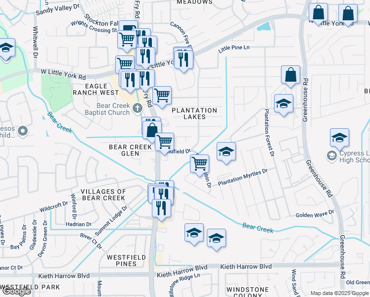 map of restaurants, bars, coffee shops, grocery stores, and more near 19710 Coldfield Drive in Katy
