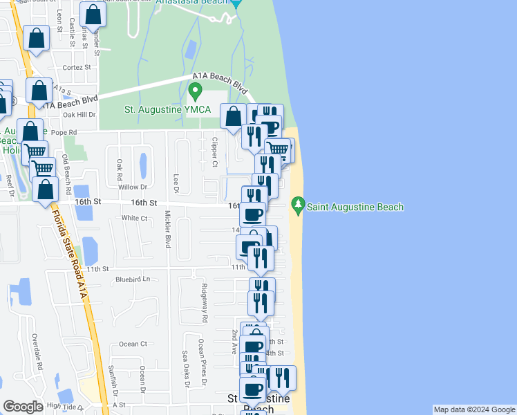 map of restaurants, bars, coffee shops, grocery stores, and more near 421 A1A Beach Boulevard in St. Augustine Beach
