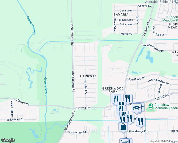 map of restaurants, bars, coffee shops, grocery stores, and more near 12030 Ginger Lei Lane in Houston