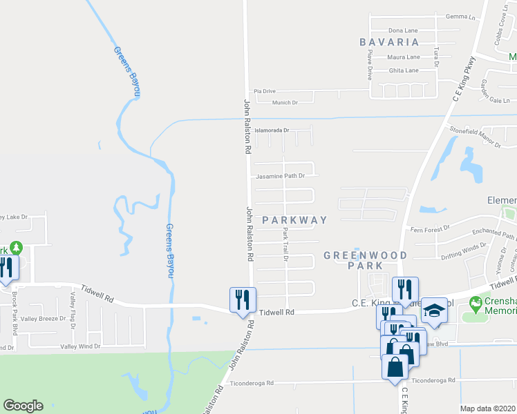 map of restaurants, bars, coffee shops, grocery stores, and more near 11910 Ginger Lei Lane in Houston