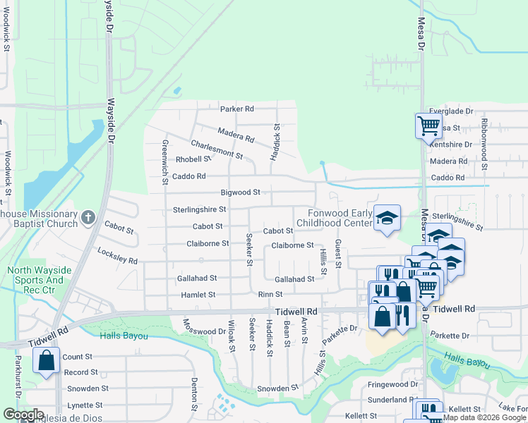 map of restaurants, bars, coffee shops, grocery stores, and more near 9721 Haddick Street in Houston