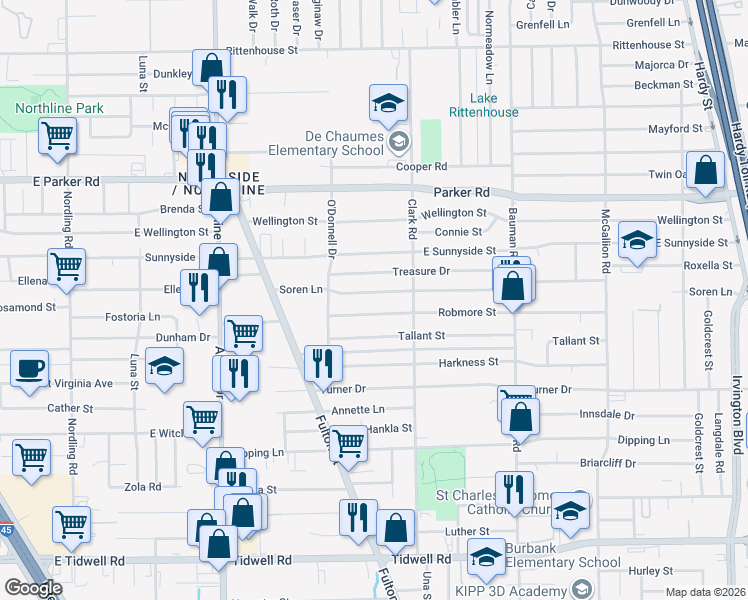 map of restaurants, bars, coffee shops, grocery stores, and more near 154 Robmore Street in Houston